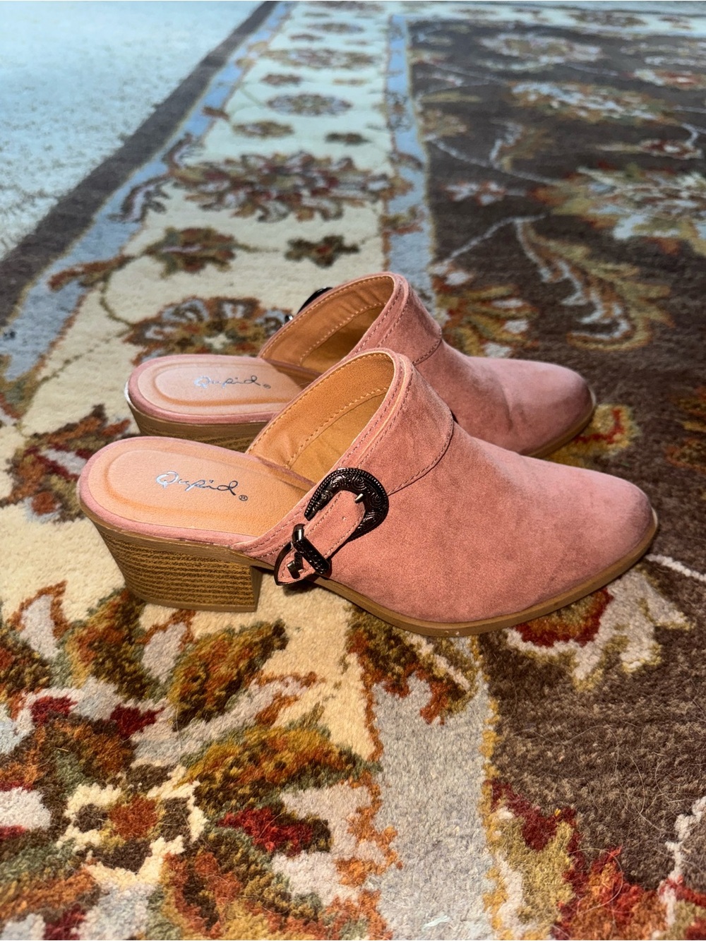 Qupid Blush Suede Buckle Mules
